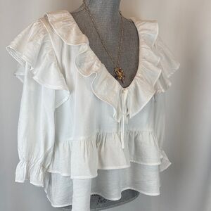 Francesca's Collections White Ruffle V-Neck Peplum Blouse NWT